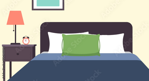 Cozy bedroom scene with a bed, nightstand, lamp, and alarm clock