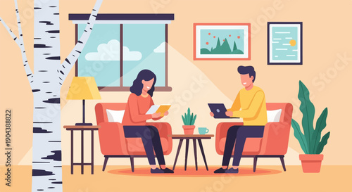 Cozy living room scene with two people reading and working on laptops