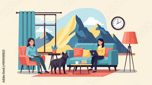 Cozy living room scene with two women, a dog, and mountain view