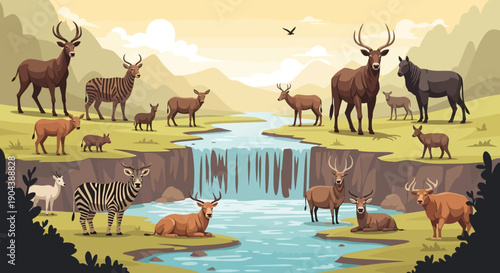 Diverse deer, majestic elk, and wild animals flourish in a serene natural landscape illustration, featuring a beautiful waterfall, winding river, and distant mountains
