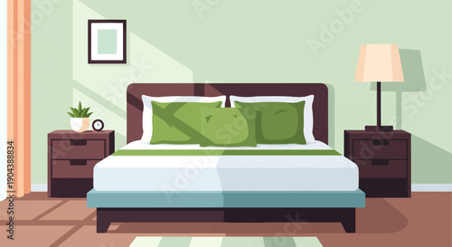 Cozy bedroom scene with a bed, nightstands, lamp, plant, and curtains