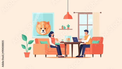 Cozy home interior with people and dog artwork