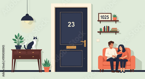 Cozy interior scene with a couple on a sofa and a cat on a table