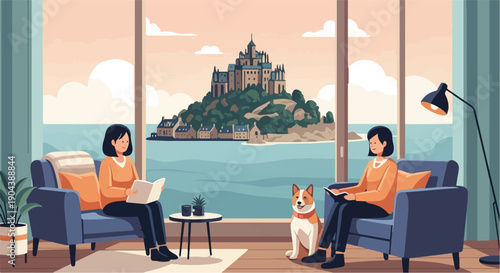 Cozy home interior with two people reading by a window overlooking a coastal castle