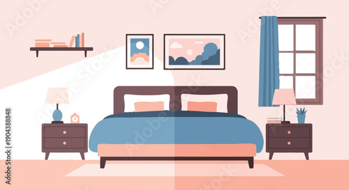 Cozy bedroom scene with a bed, nightstands, window, and wall art