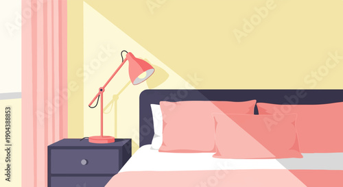 Cozy bedroom scene with a bedside table, lamp, and neatly made bed