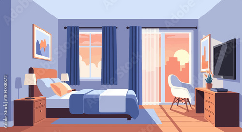Cozy bedroom with a city view at sunset, digital art