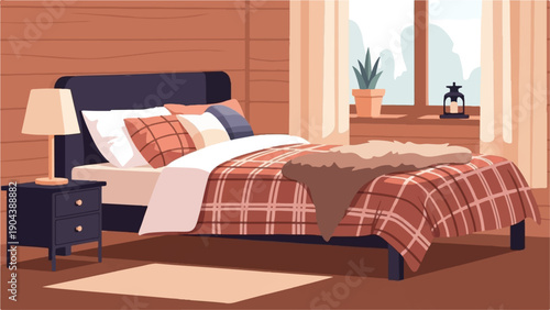 Cozy bedroom with plaid bedding, nightstand, and window view