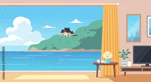 Cozy living room view of a serene coastal landscape with a traditional house