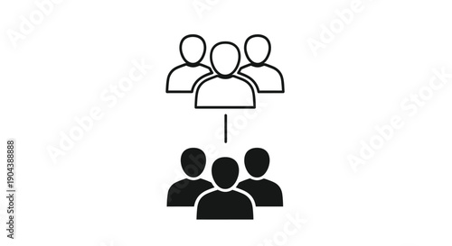 Simple black and white icon illustrating a leadership structure or hierarchy where one group communicates directives down to another team of people.