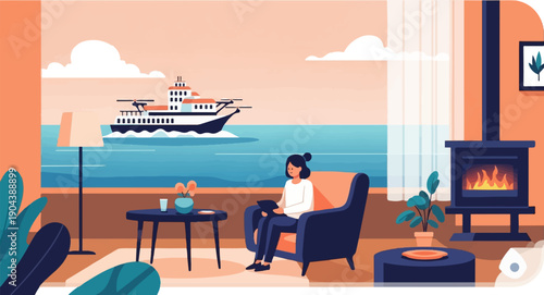 Cozy interior scene with a woman reading, overlooking a ship on the water