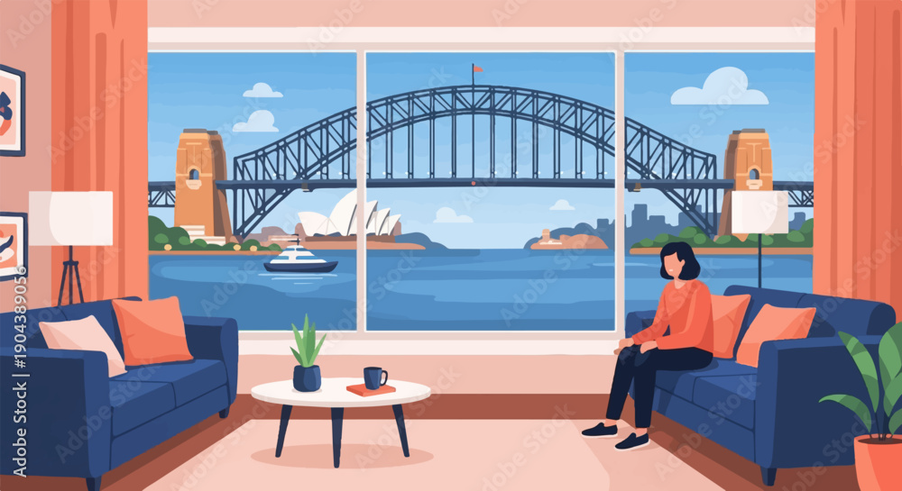 Fototapeta premium Cozy living room with a stunning city harbor view