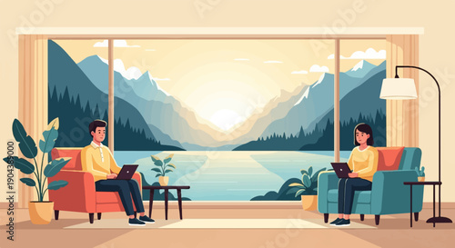 Cozy home office with mountain lake sunrise view, people working remotely