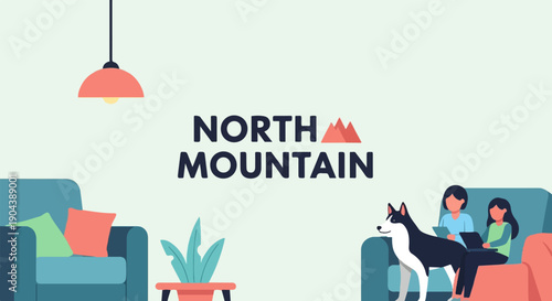 Cozy interior scene with two people and dog on sofa, plant, chair, and lamp