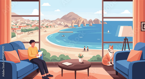 Cozy living room with a man and dog overlooking a scenic beach town view
