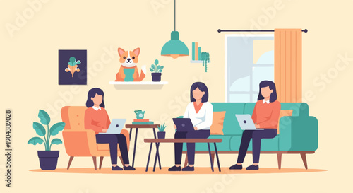 Cozy home office with three women working on laptops, and a dog
