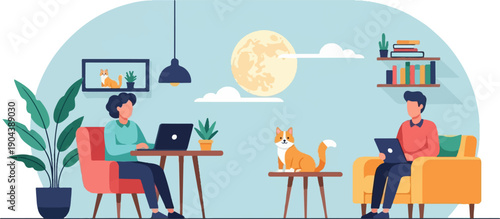 Cozy home office with people working on laptops and a cat