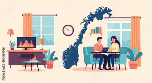 Cozy home scene with a couple working, Norway map, and home decor elements