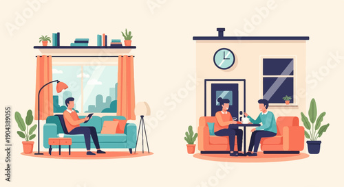 Cozy interior scenes of people relaxing and socializing