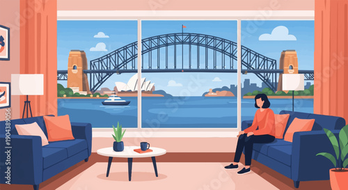 Cozy living room with a stunning city harbor view