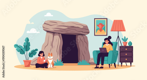 Cozy home scene with a dog and two women, one indoors, one outdoors near ancient structure