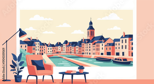 Cozy interior view of a canal-side European town with boat