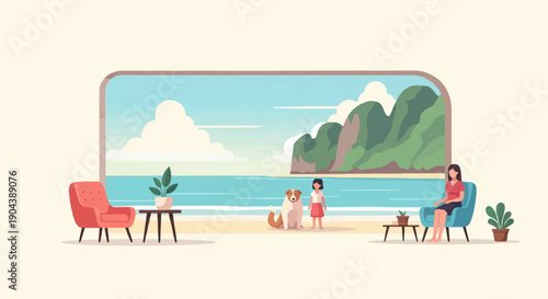 Cozy interior view of a beach with a girl, dog, and two chairs