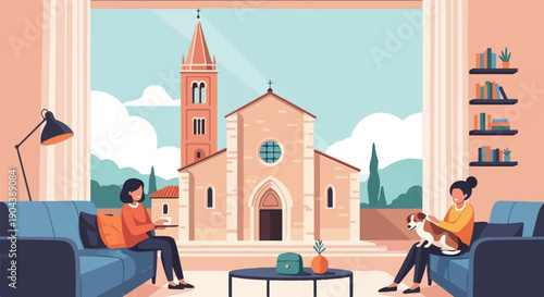 Cozy living room with a view of a church and two women relaxing