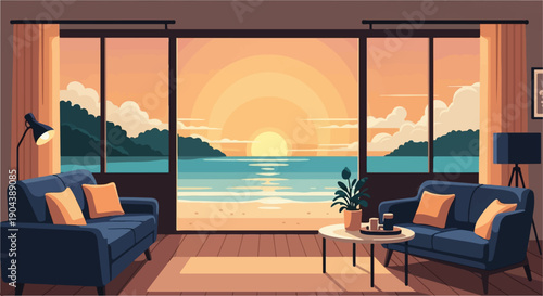 Cozy living room with a stunning sunset view over the ocean