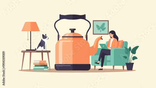 Cozy home scene with a woman on a laptop, a dog, lamp, and kettle
