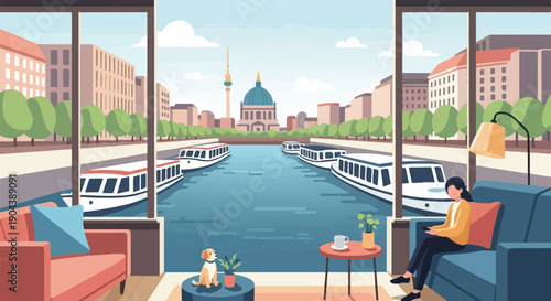 Cozy interior view of a city canal with boats and a woman relaxing with her dog