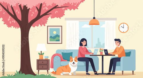 Cozy home scene with people working on laptops and a dog (1)