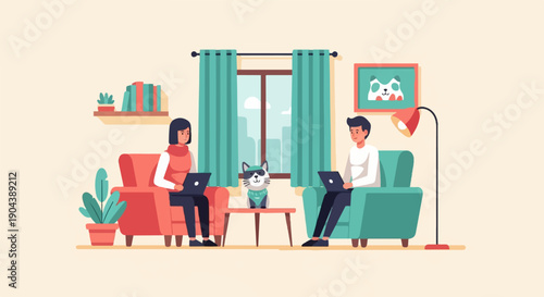Cozy home scene with two people and a cat working on laptops