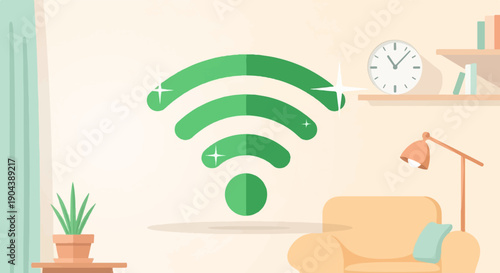 Cozy living room with bright green wifi symbol, plant, sofa, and clock