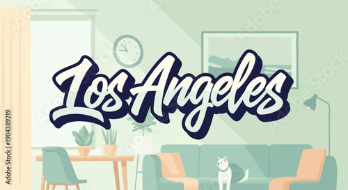 Cozy living room with cat and "Los Angeles" text art