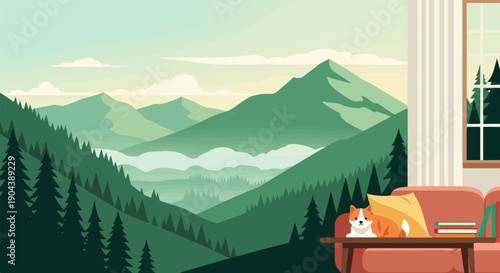 Cozy interior with a dog overlooks serene mountain landscape