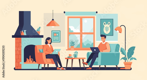 Cozy home scene with two people working on laptops near a fireplace