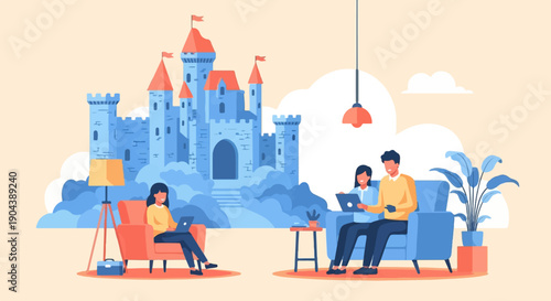 Cozy home setting with a medieval castle backdrop and people working