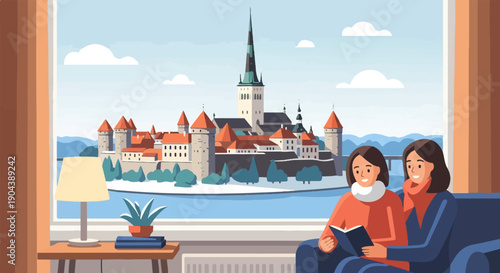 Cozy interior view of two women reading a book with a historic city skyline outside