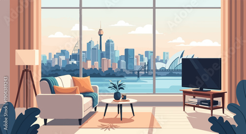 Cozy living room with city and harbor view, flat art style