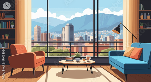 Cozy living room with chairs, couch, and city view through large windows
