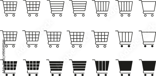 Shopping cart outline and silhouette icon set with empty baskets retail trolley symbols vector illustrations isolated