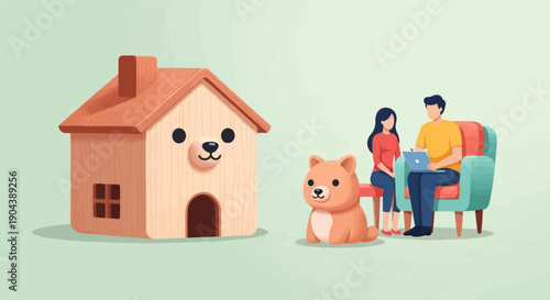 Cozy home with a dog, couple on couch with laptop