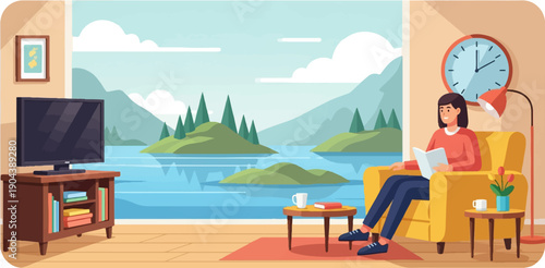 Cozy interior with a woman reading by a lake view