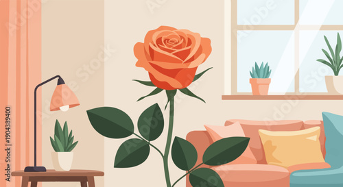 Cozy living room with large orange rose, lamp, plants, and couch