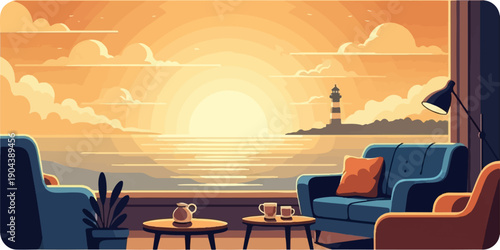 Cozy living room with ocean view at sunset, featuring lighthouse
