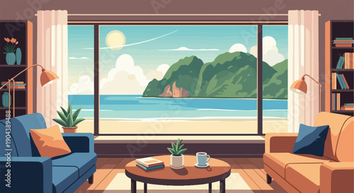 Cozy living room with ocean view, featuring sofas, coffee table, books, and plants
