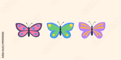Cute butterfly vector collection. Colorful cartoon butterflies set in flat style. Spring insect clipart isolated on background. Kids illustration for nursery design and educational materials