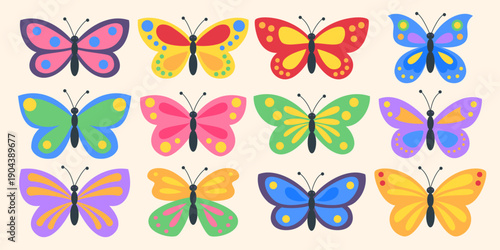 Set of cute colorful butterflies vector illustration. Cartoon butterfly collection in flat style isolated on background. Spring insects clipart bundle for kids design, stickers, nursery decoration and