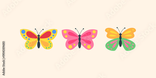 Cute butterfly vector set. Colorful cartoon butterflies collection in flat style. Spring insect clipart bundle for kids design. Nursery decoration, educational materials and nature illustrations.
